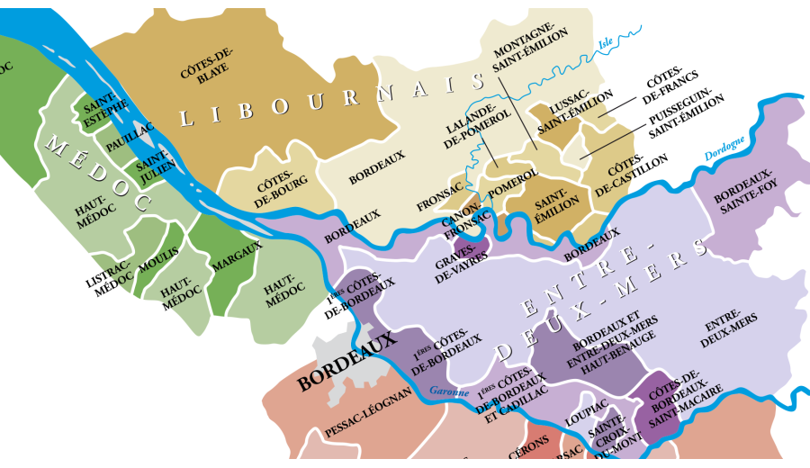 Kort over Bordeaux' vinområder